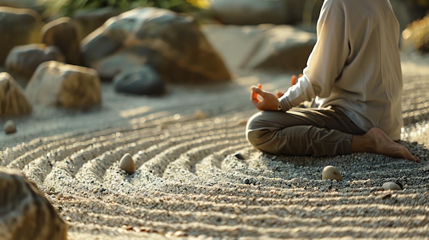 Photo a young man in a state of zen meditation in a zen garden with raked sand and stones