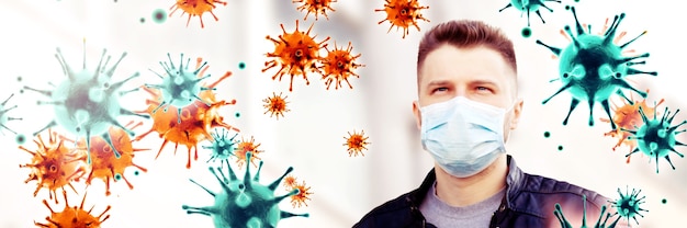 Young man in sterile face mask against corona virus.