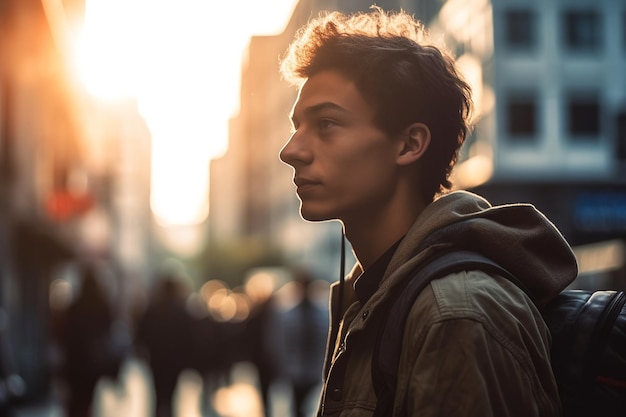 A young man on the street of a modern big city while traveling evening sunset AI generation