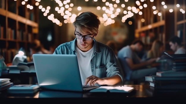 Young man student study in the school library He using laptop and learning online Generative AI