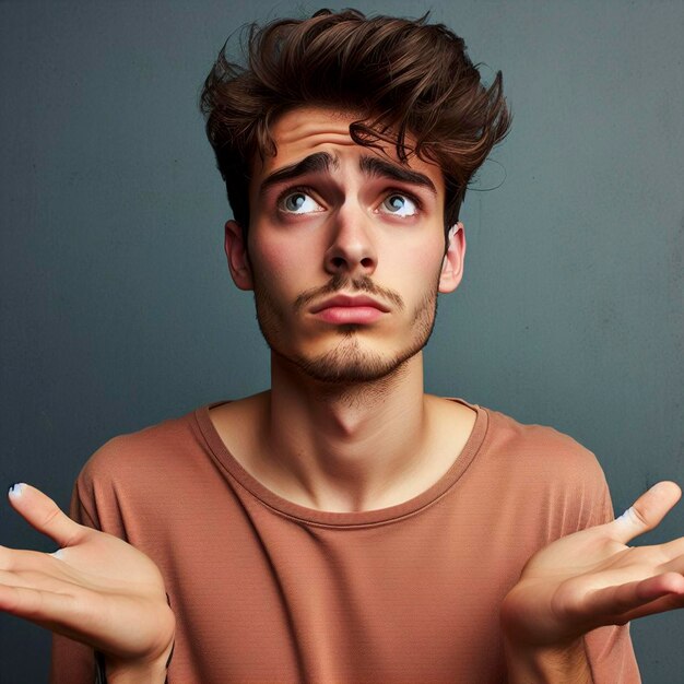 Young man in studio background confused and doubtful shrugging shoulders