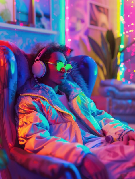 Photo young man in stylish reflective jacket and headphones relaxing in a neonlit room