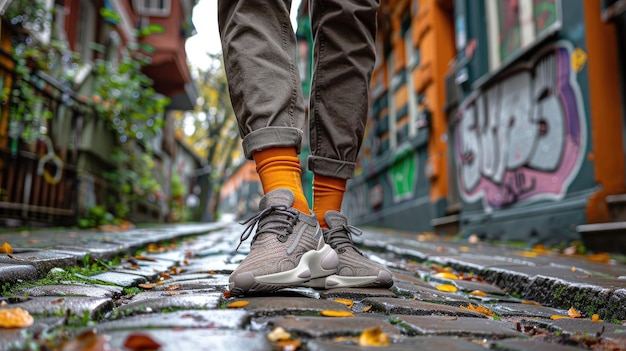 Young man in stylish shoes and orange socks on color background