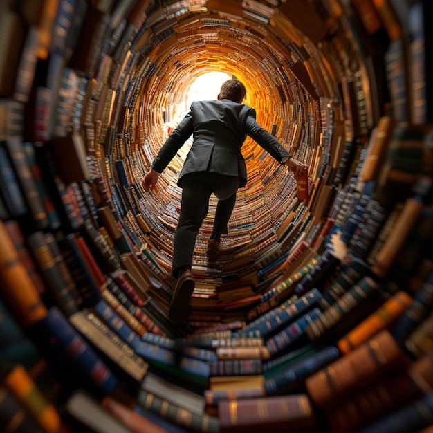 Photo young man in suit inside a tunnel of stacked books