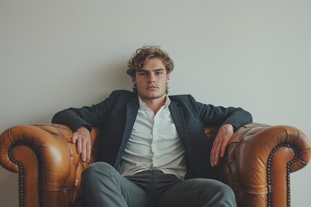 Photo young man in suit sitting on leather chair