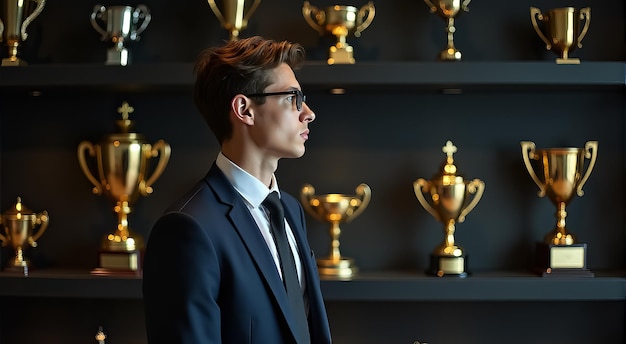 Photo a young man in a suit stands proudly in front of a wall lined with trophies in a welllit award display area