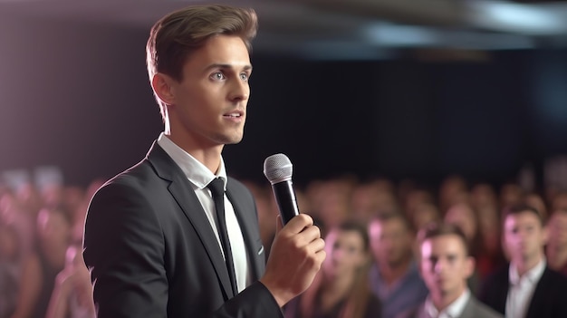 Photo a young man in a suit and tie holding a microphone speaking to the large audience