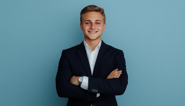 Photo a young man in a suit with his arms crossed against a blue background