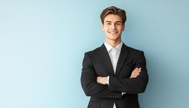 a young man in a suit with the word quot on the front