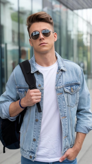 Young man in sunglasses denim jacket and white tshirt looks into camera beautiful brunette guy hold