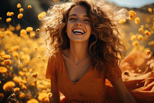 Young man surrounded by sunflowers radiates joy in sunny hill., generative IA