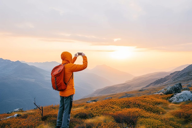 young man takes photo with cell phone at sunrise on an alpine meadow