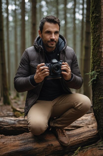 Photo young a man taking photograph in rainforest