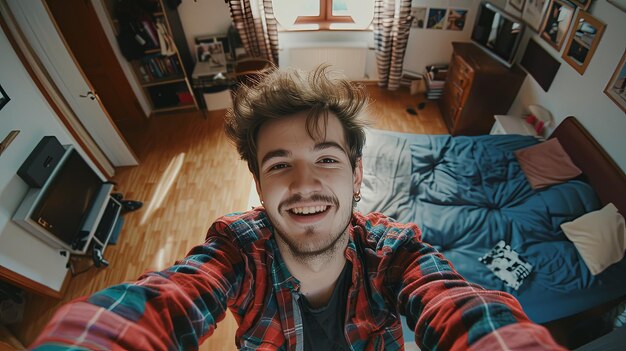 Young man teenager taking selfie in room at home