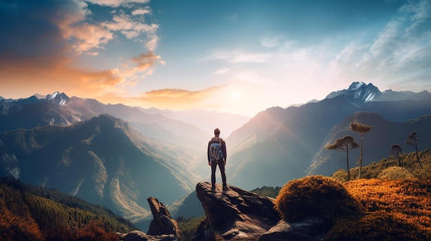 Young man on top with beautiful sunset in the mountains travel background Generative AI