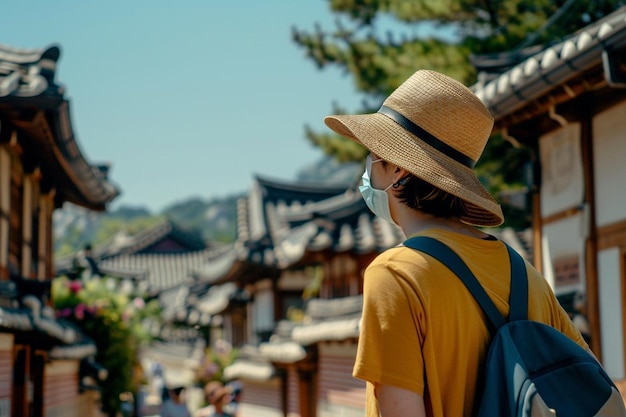 Young man tourist in medical mask in bukchon hanok village is one of the famous place for korean