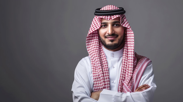 A young man in traditional Arab clothing smiles at the camera