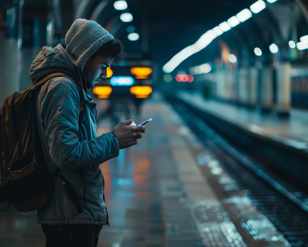 Young man at train station platform casually checking phone while waiting for train