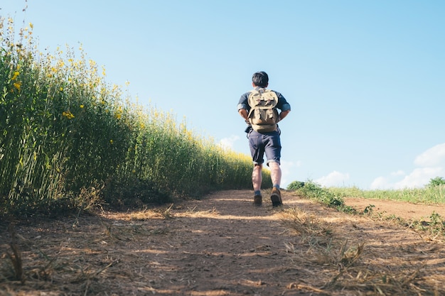 Young Man Traveler with backpack relaxing outdoor.