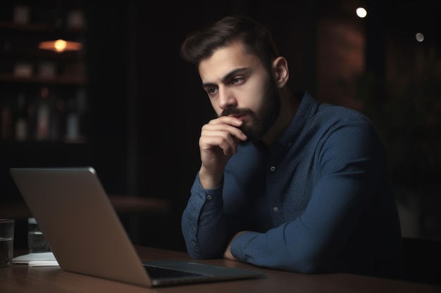 A young man trying to solve a problem while working on his laptop at work created with generative ai