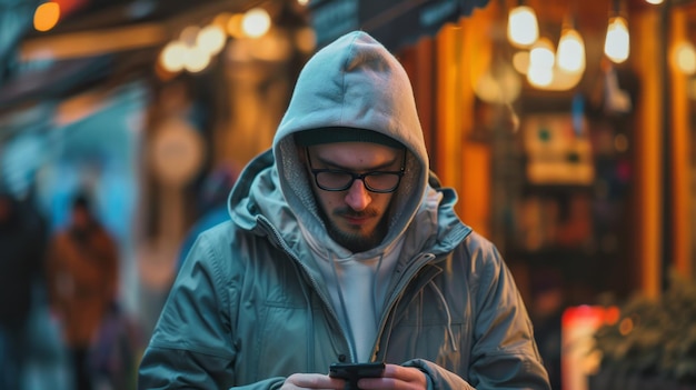 Young man in urban setting using smartphone on a cold evening