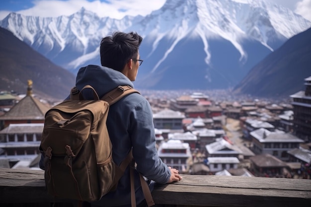 Young man using laptop computer with snowy mountain backdrop freelance working on vacation