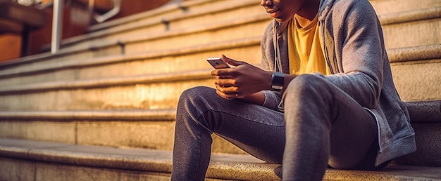 Young man using mobile phone in the city at night panoramagenerative ai