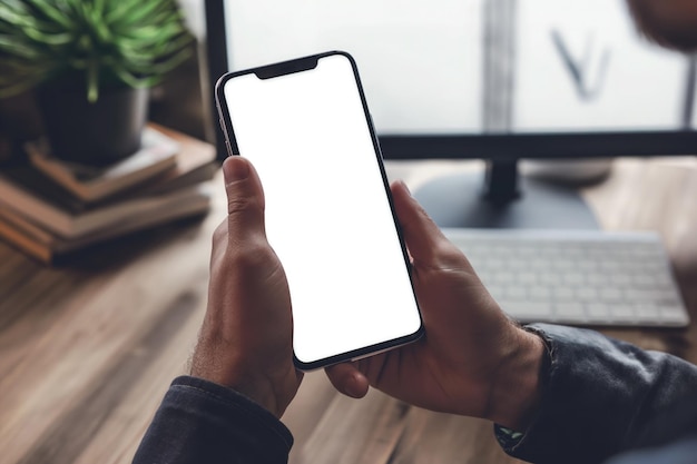 young man using mobile phone with a blank screen modern communication technology