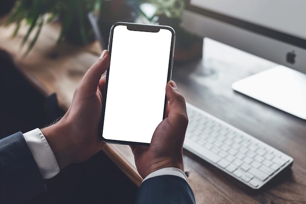 young man using mobile phone with a blank screen modern communication technology