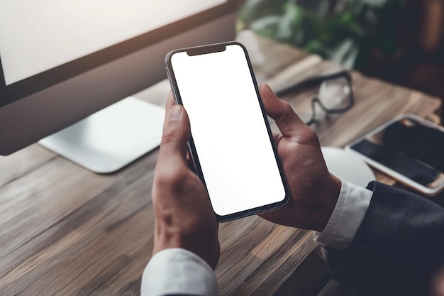 young man using mobile phone with a blank screen modern communication technology