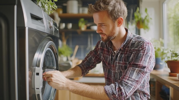 Photo young man using modern washing machine in kitchen