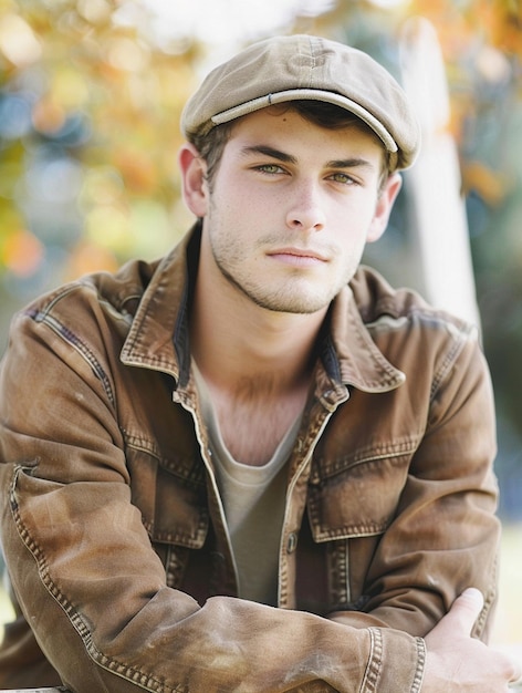 Photo young man in vintage clothing and cap outdoors