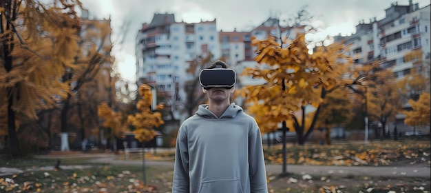 Photo young man in virtual reality glasses standing alone in autumn city park