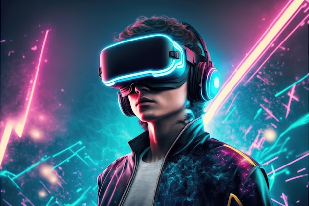 A young man in VR glasses playing video games with virtual reality headset