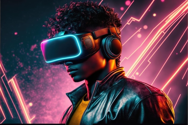 A young man in VR glasses playing video games with virtual reality headset