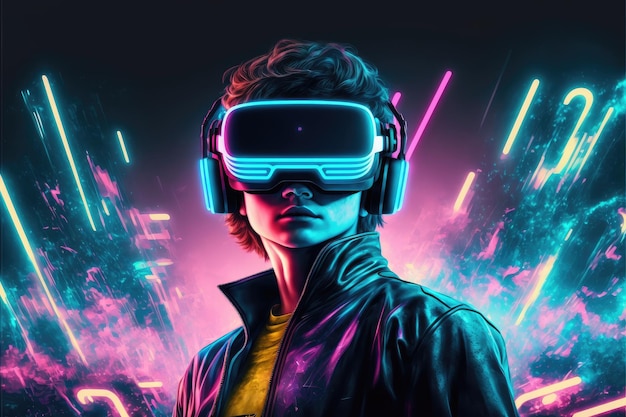 A young man in VR glasses playing video games with virtual reality headset