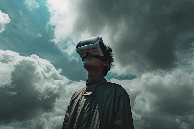 Young man in vr glasses standing in the cloudy sky near brown mountains in a desert