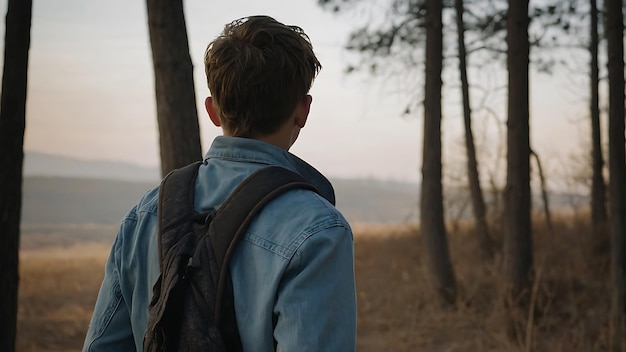 Young man walking alone in the misty forest on a foggy day