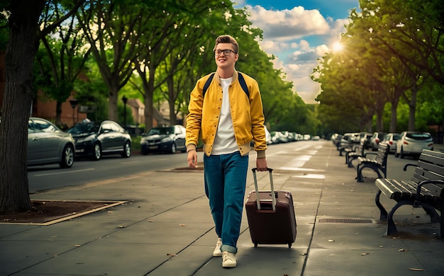 young man walking dragging a baggage on the road