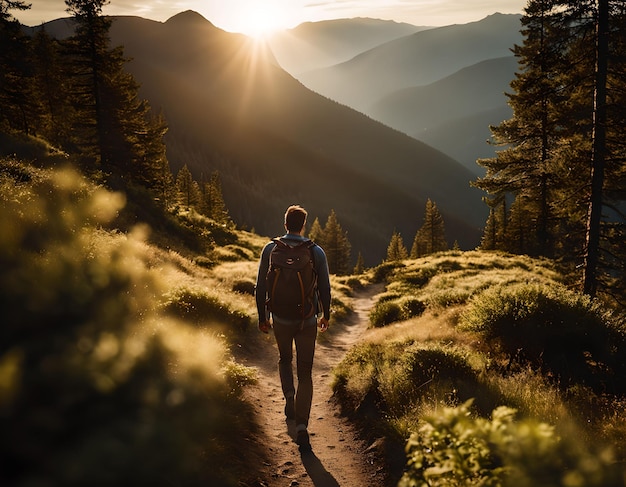 A young man walking with a large backpack on his back