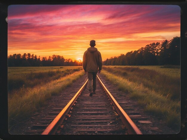 Photo the young man walks along the railroad tracks in the light of the sunset