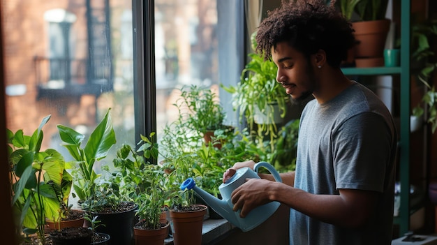 Photo a young man watering houseplants on a windowsill taking a quick moment during his busy day to care for his green companions