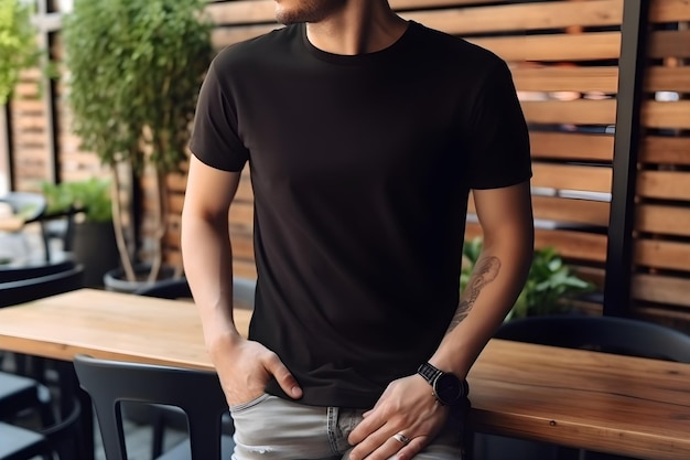 Young man wearing bella canvas black t shirt and jeans at a cozy restaurant on summers day Design tshirt template print presentation mockup Ai generated