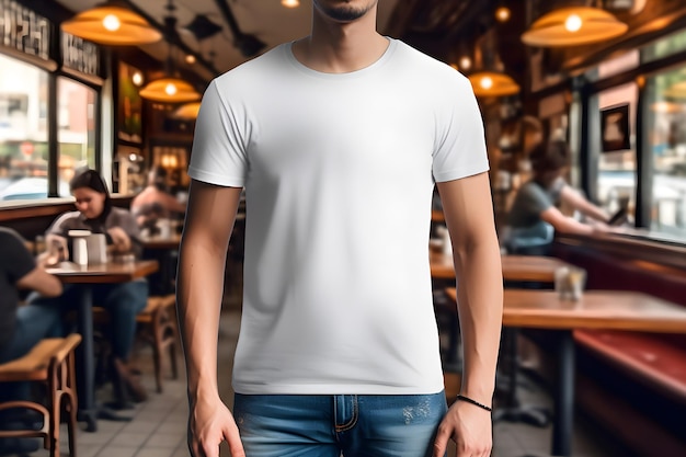 Young man wearing bella canvas white t shirt and jeans at a cozy restaurant on summers day Design tshirt template print presentation mockup Ai generated