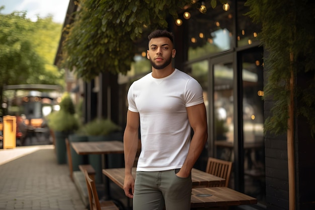 Young man wearing bella canvas white t shirt and jeans at a cozy restaurant on summers day Design tshirt template print presentation mockup Ai generated