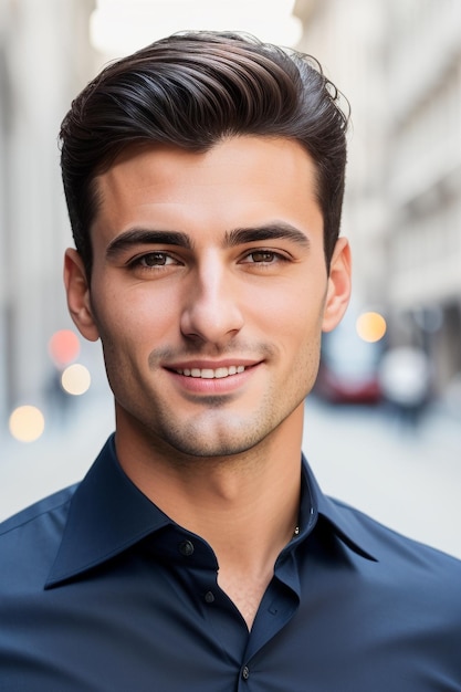 Young man wearing black dress shirt in the city background