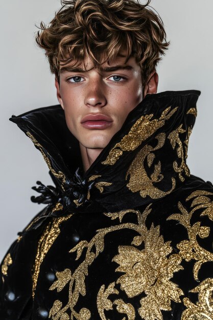 Photo a young man wearing a black and gold jacket with a gold design