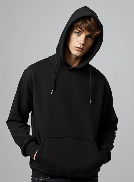 Photo a young man wearing a black hooded sweatshirt perfect for hoodie design template making of