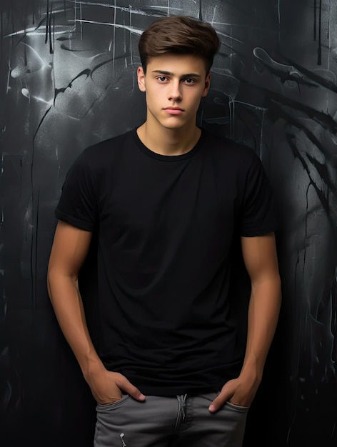 a young man wearing a black shirt and a black shirt with a white design on the front