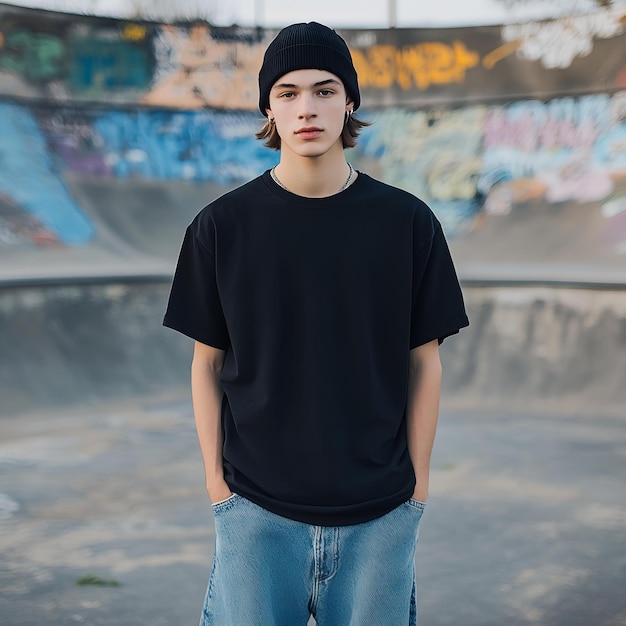 Photo a young man wearing a black shirt and jeans stands in front of a graffiti covered wall